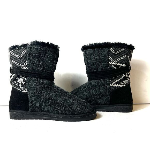 Mukluks Cable Knit Weave Black Fabric Boot Womens 9 Mid Calf Pull On Flat Bootie - Picture 5 of 11